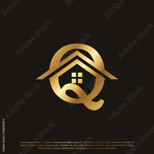 Initial Letter Q Home House Golden Logo Design. Real Estate Logo Concept. Vector Illustration