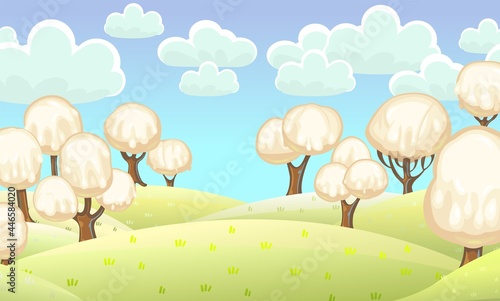 Fabulous sweet forest. Ice cream, drips of white milk cream. Clouds. Trees with chocolate trunks. Cute hilly landscape for children. Beautiful fantastic illustration. Vector