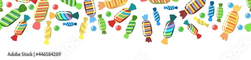 Sweets and scattered. Assorted lollipop dessert interspersed. Candy caramel wrapped. Top seamless border. Flat Background illustration. Vector