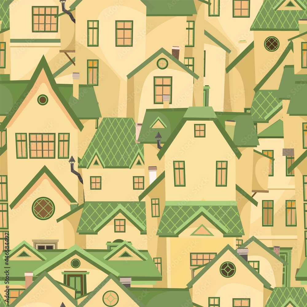 The town is small. Street. Seamless illustration with cartoon village or city houses. Day. Nice cozy private residence in traditional style. Background. A cute funny home with a green roof. Vector