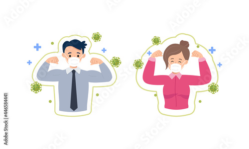 Office man and woman shows hand gesture as sign of good immune against corona virus. Flat vector cartoon design