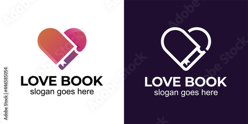 love story book with love for library, book store, romantic novel and love reading book logo design