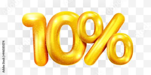 10 percent Off. Discount creative composition of golden balloons. 3d mega sale or ten percent bonus symbol on transparent background. Sale banner and poster.