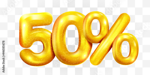 50 percent Off. Discount creative composition of golden balloons. 3d mega sale or fifty percent bonus symbol on transparent background. Sale banner and poster.