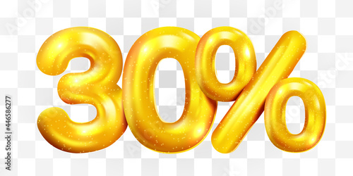 30 percent Off. Discount creative composition of golden balloons. 3d mega sale or thirty percent bonus symbol on transparent background. Sale banner and poster.