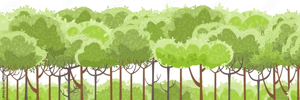 Obraz premium Thin young trees and bushes. Forest. level green rural hills. A beautiful and graceful landscape. Seamless, Isolated on white background. Flat style. Cartoon design. Vector