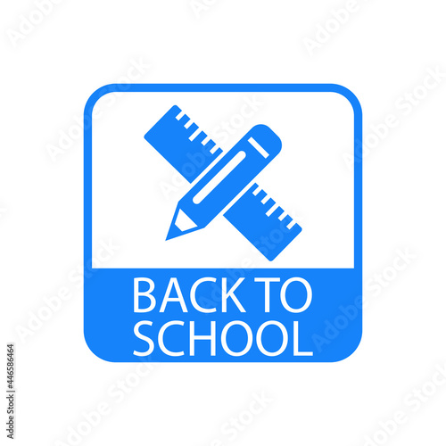 Icono con texto Back to School con silueta de regla y lápiz en cuadrado de color azul
