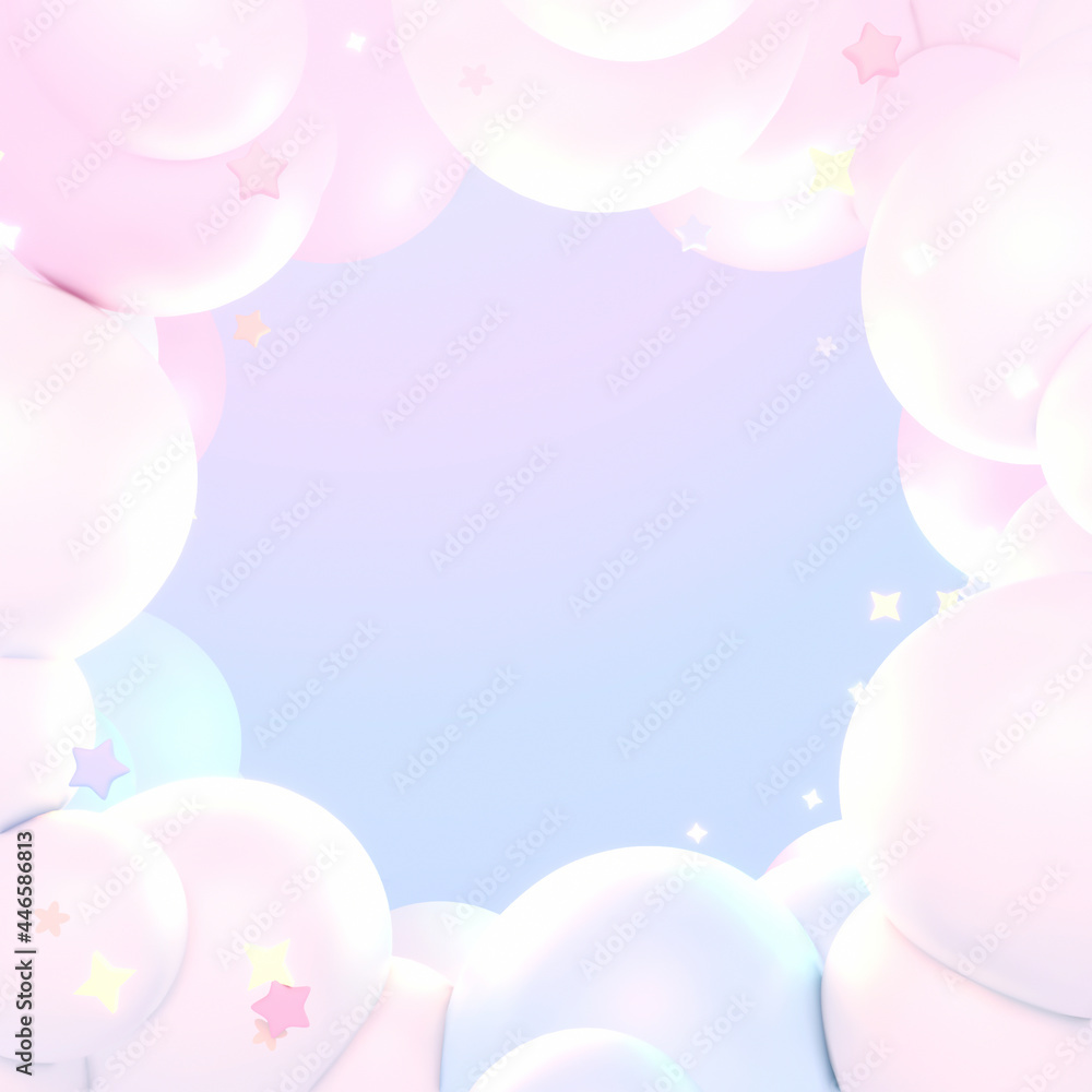 Dreamy pastel clouds and stars. 3d rendered picture.