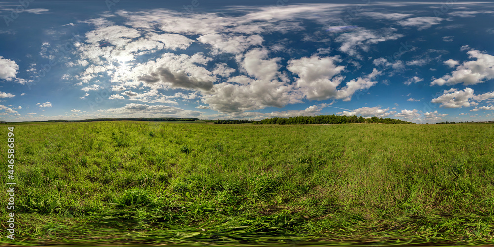 full seamless spherical hdri panorama 360 degrees angle view among green farming fields in summer day with awesome clouds in equirectangular projection