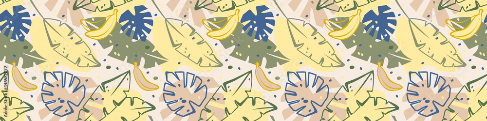 Seamless pattern. Vector color image. Banana leaves, monstera leaves, exotic plants.Tropical background. 