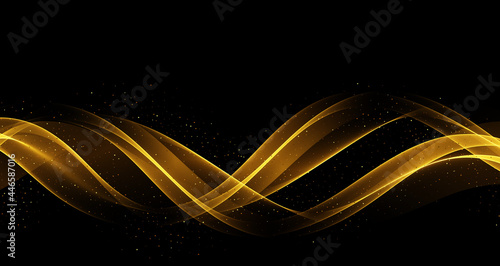 Gold color wave on black background Abstract stream of wavy lines with gold glitter particles Gold wave flow