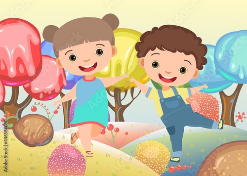 Kiddies on Candy Background. Cartoon sweet land. Boy and girl. Ice cream and caramel. Chocolate. Cute childrens fairytale holiday landscape. Fantastic illustration. Vector