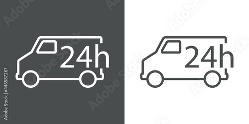 Servicio de entrega 24 horas. Icono con contorno de camión de reparto con lineas en fondo gris y fondo blanco