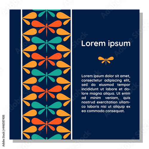 Colorful dragonfly card in simple style. Invitation, poster template