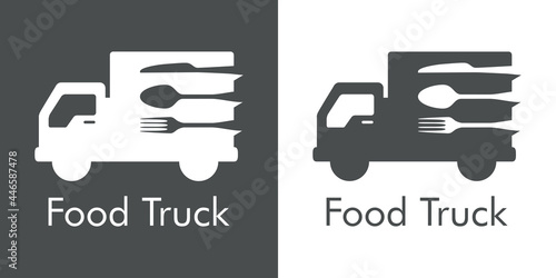 Logo con texto Food Truck con tenedor, cuchara y cuchillo en silueta de camión en fondo gris y fondo blanco