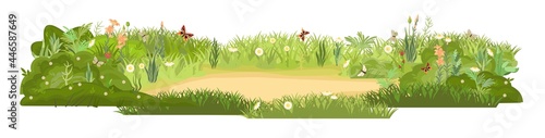 Dense summer meadow with flowers. Butterflies. Grassy lawn green thickets. Grass area. Playground. Place. Beautiful landscape. Isolated on white background. Flat style. Cartoon design. Vector