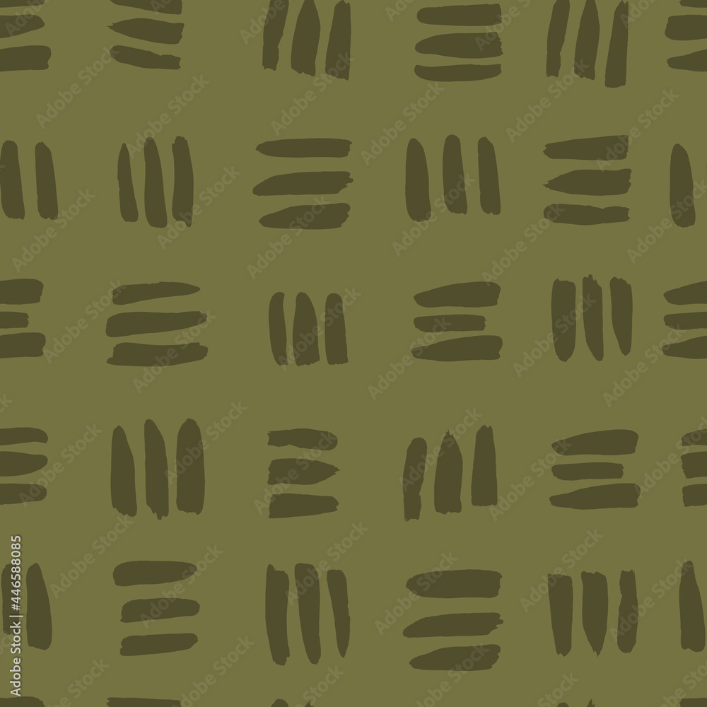 Obraz premium Hand drawn vector seamless pattern with stripes. Realistic painted brush strokes ornament in earth green color.