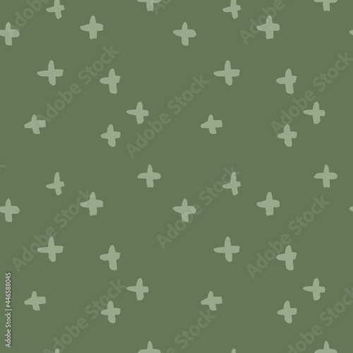 Hand drawn vector seamless pattern with crosses. Realistic painted brush strokes ornament in earth green color.