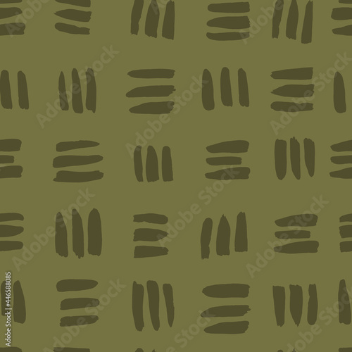 Hand drawn vector seamless pattern with stripes. Realistic painted brush strokes ornament in earth green color.