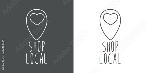 Logotipo con texto manuscrito Shop Local escrito a mano con puntero de posición con corazón con lineas en fondo gris y fondo blanco