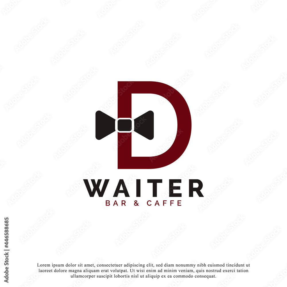 Initial Letter D Waiter Bow Tie Hotel Restaurant Logo Design. Waitress Vector Logo Template. Initial Letter D Waiter Bow Tie Hotel Restaurant Logo Design. Waitress Vector Logo Template.
