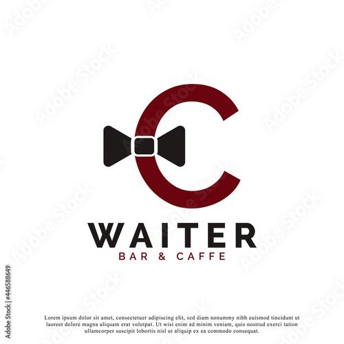 Initial Letter C Waiter Bow Tie Hotel Restaurant Logo Design. Waitress Vector Logo Template.