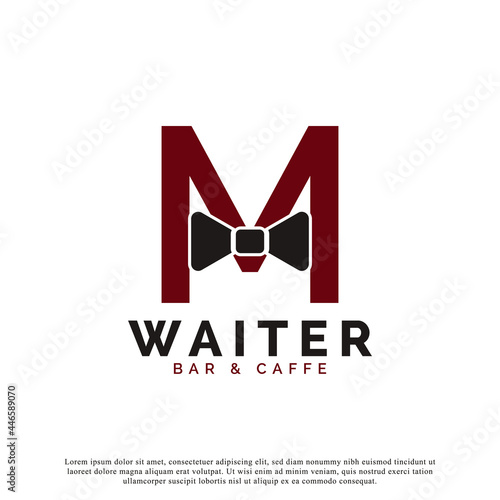 Initial Letter M Waiter Bow Tie Hotel Restaurant Logo Design. Waitress Vector Logo Template.
