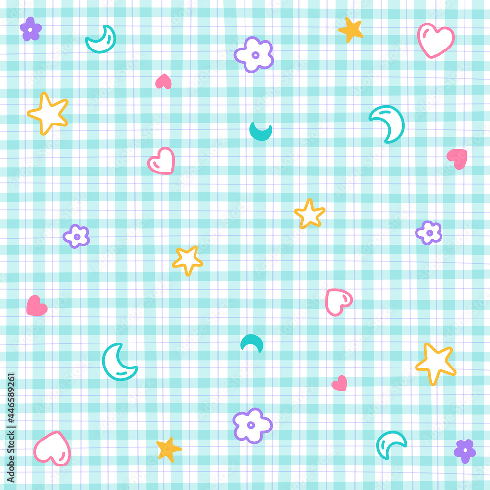 Outline Confetti Cute Ornament Element Heart Star Flower Moon Rainbow Pastel Gingham Pattern Background Editable Stroke Cartoon Vector Illustration Cloth, Mat, Fabric Pattern, Textile, Scarf, Wrapping