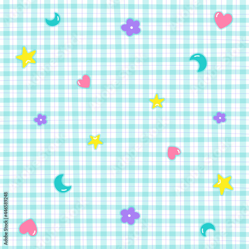 Cute Ornament Element Heart Star Flower Moon Rainbow Pastel Gingham Pattern Background Editable Stroke. Cartoon Vector Illustration Tablecloth, Mat, Fabric pattern, Textile, Tile, Scarf Wrapping Paper