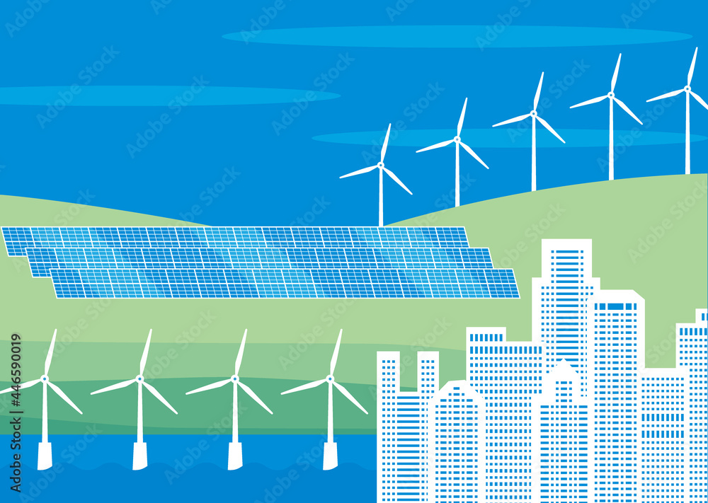 ビルと再生可能エネルギーの太陽光パネルと風力 海洋発電のイラスト Stock Vector Adobe Stock