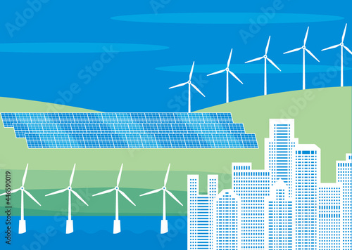 ビルと再生可能エネルギーの太陽光パネルと風力、海洋発電のイラスト photo