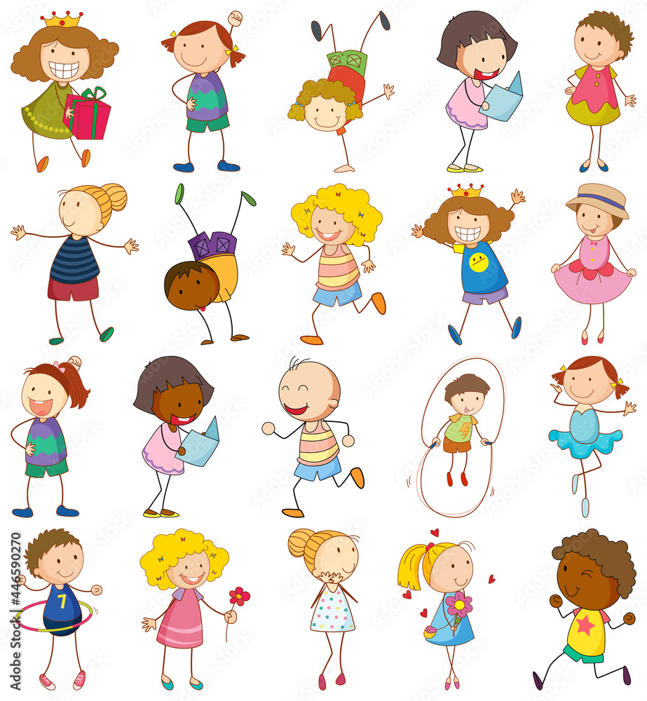 Set of different doodle kids cartoon character isolated Set of different doodle kids cartoon character isolated