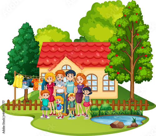 Happy family standing outside home isolated