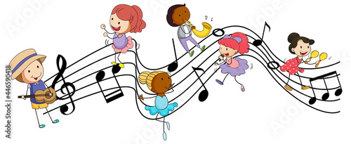 Musical melody symbols with many doodle kids cartoon character