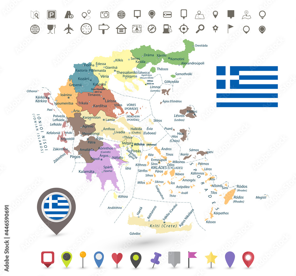 Greece map with flag and navigation icons