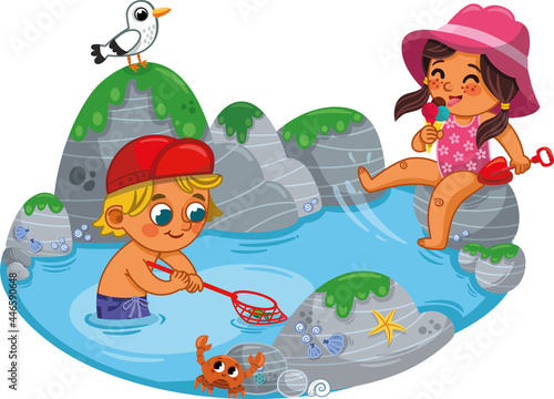 Two kids, a boy and a girl are having fun on the beach. Children summer vacation. Vector illustration.
