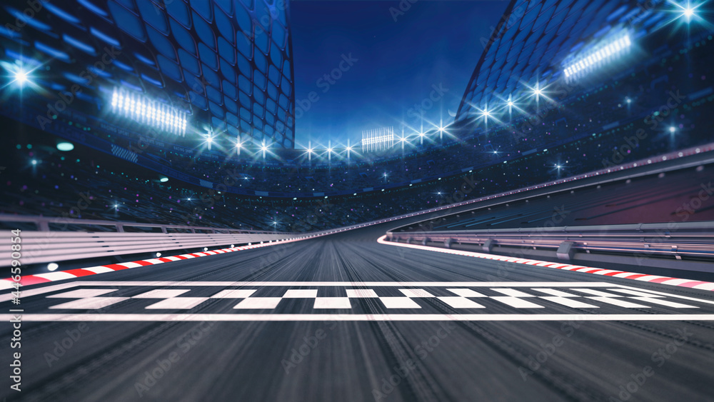 Asphalt racing track finish line and illuminated race sport stadium at night. Professional digital 3d illustration of racing sports. 