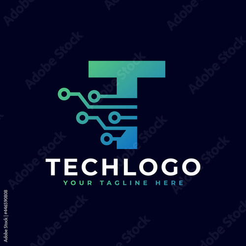 Tech Letter T Logo. Futuristic Vector Logo Template with Green and Blue Gradient Color. Geometric Shape. Usable for Business and Technology Logos.