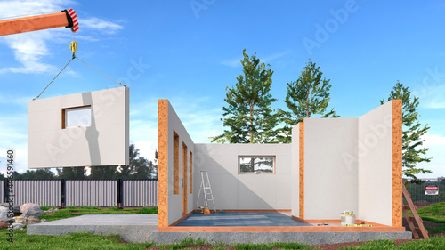 Process of construction modern modular house from composite sip panels. 3d illustration photo