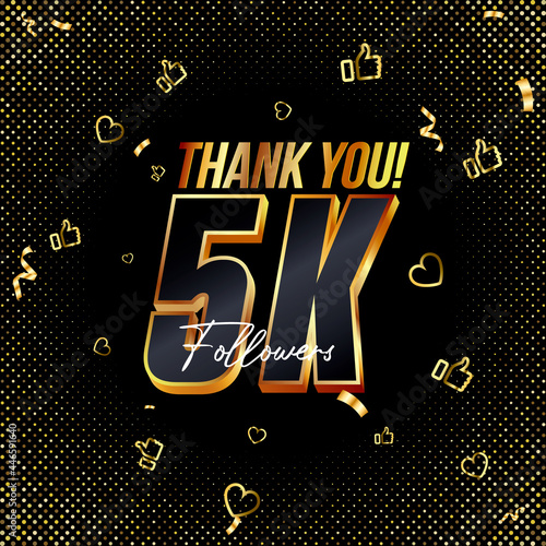 Thank you 5K followers 3d Gold and Black Font and confetti. Vector illustration 3d numbers for social media 5000 followers, Thanks followers, blogger celebrates subscribers, likes