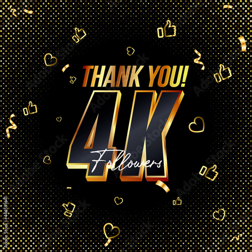 Thank you 4K followers 3d Gold and Black Font and confetti. Vector illustration 3d numbers for social media 4000 followers, Thanks followers, blogger celebrates subscribers, likes