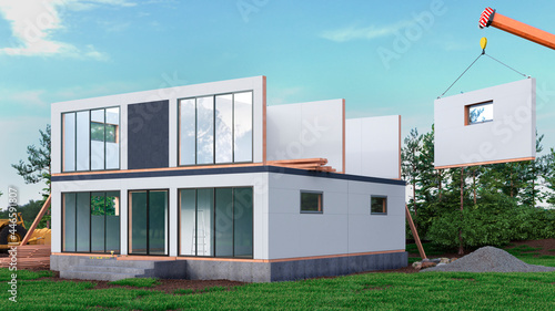 Process of construction modern modular house from composite sip panels. 3d illustration photo