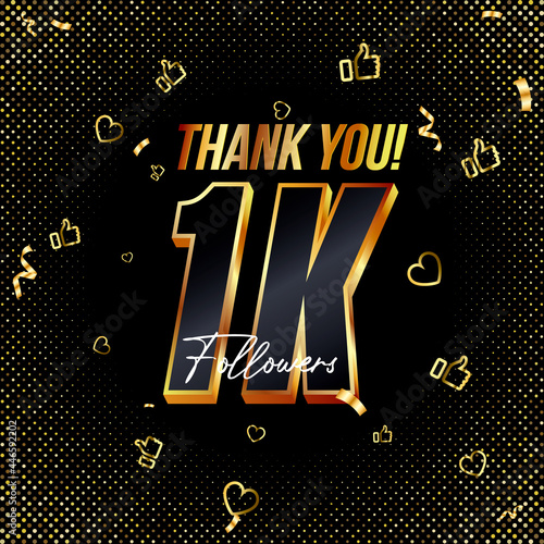 Thank you 1K followers 3d Gold and Black Font and confetti. Vector illustration 3d numbers for social media 1000 followers, Thanks followers, blogger celebrates subscribers, likes