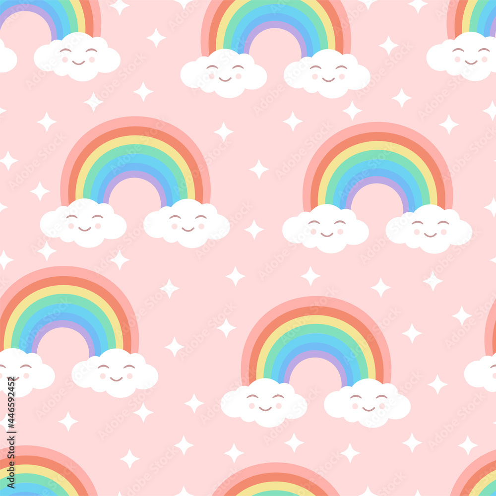 Seamless cartoon texture with rainbow, cute clouds and stars on a pink background. Vector illustration for fabrics, textures, wallpapers, posters, stickers, postcards. Editable elements.
