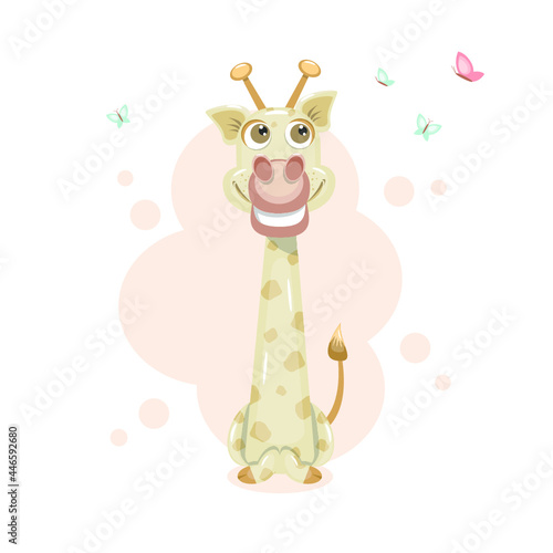 cheerful little giraffe with butterflies