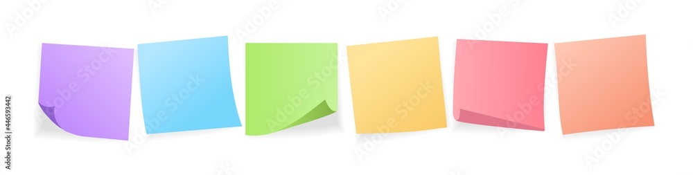 Multicolor post it notes isolated on transparent background. Colored sticky  note set. Vector realistic illustration. Sticky note collection with curled  corners and shadows. Stock Vector