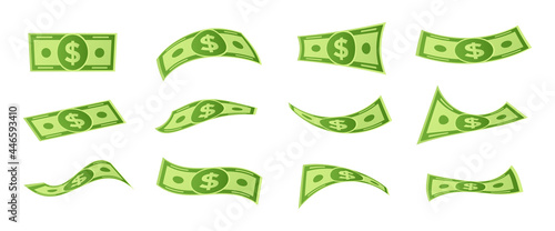 Cartoon falling money bills. Flying dollar bills, 3d cash and usd currency. Money float banknotes, banking finance investment or jackpot win. Isolated vector symbols set