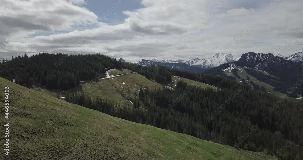 Dlog flat aerial drone view of the panoramic mountain landscape of the Alps and Allgäu, Austria Jungholz Dlog flat aerial drone view of the panoramic mountain landscape of the Alps and Allgäu, Austria Jungholz