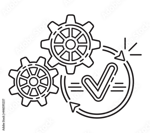 Optimize operation process, data update. Rotate gear line icon. Repair service, upload file. Turn cogwheel with checkmark. Completion action. Setting process, solution or effective finish work. Vector