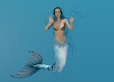 3D render : a mermaid creature is swimming still under the sea 